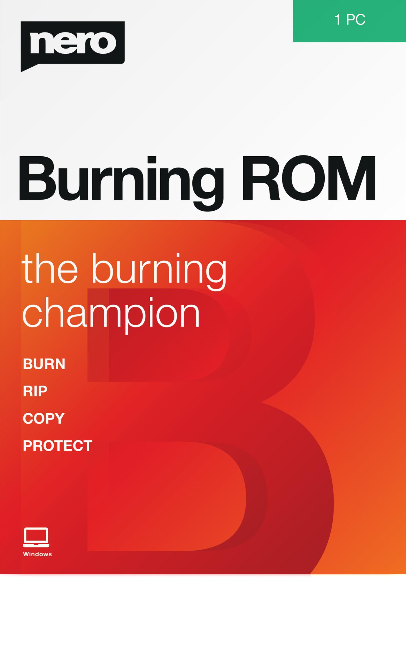 Pudełko oprogramowania Nero Burning ROM. Pogrubiony tekst, kolory czerwony i biały, ikona Windows.