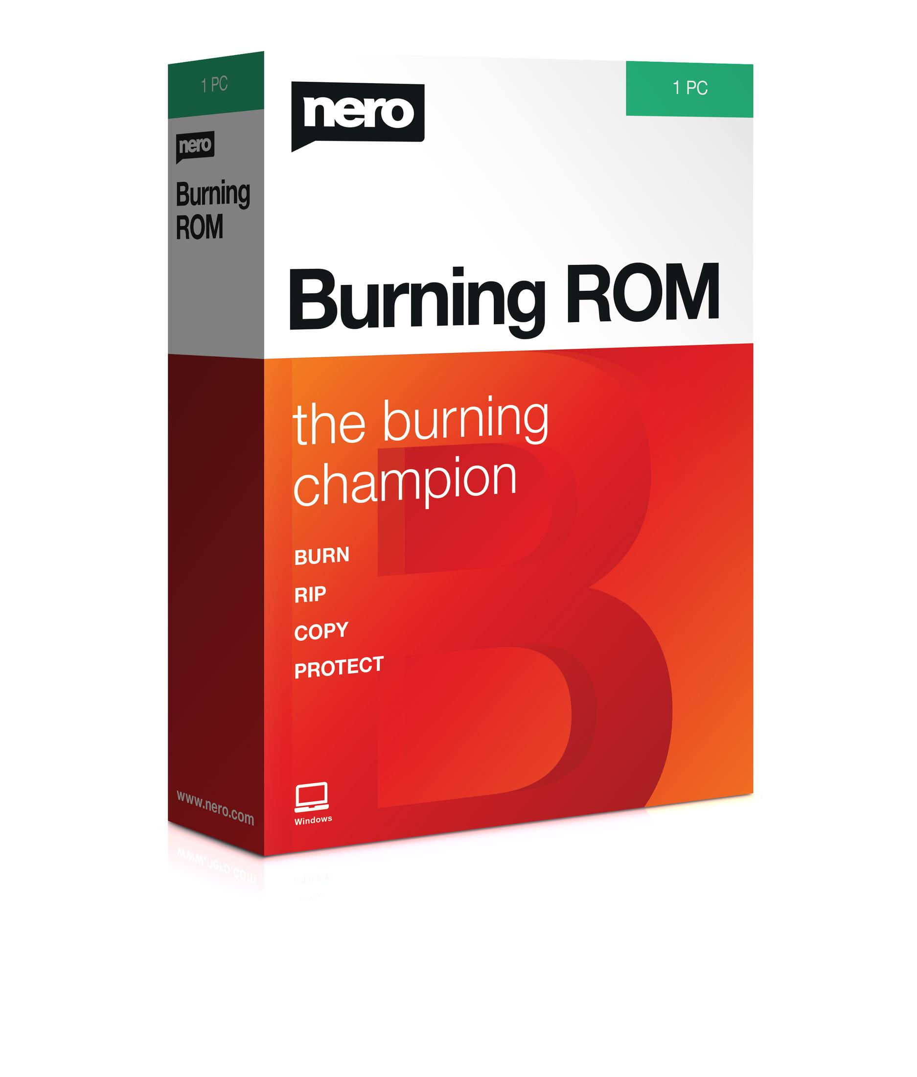 Pudełko oprogramowania Nero Burning ROM w perspektywie. Kolory czerwony i biały, ikona Windows.