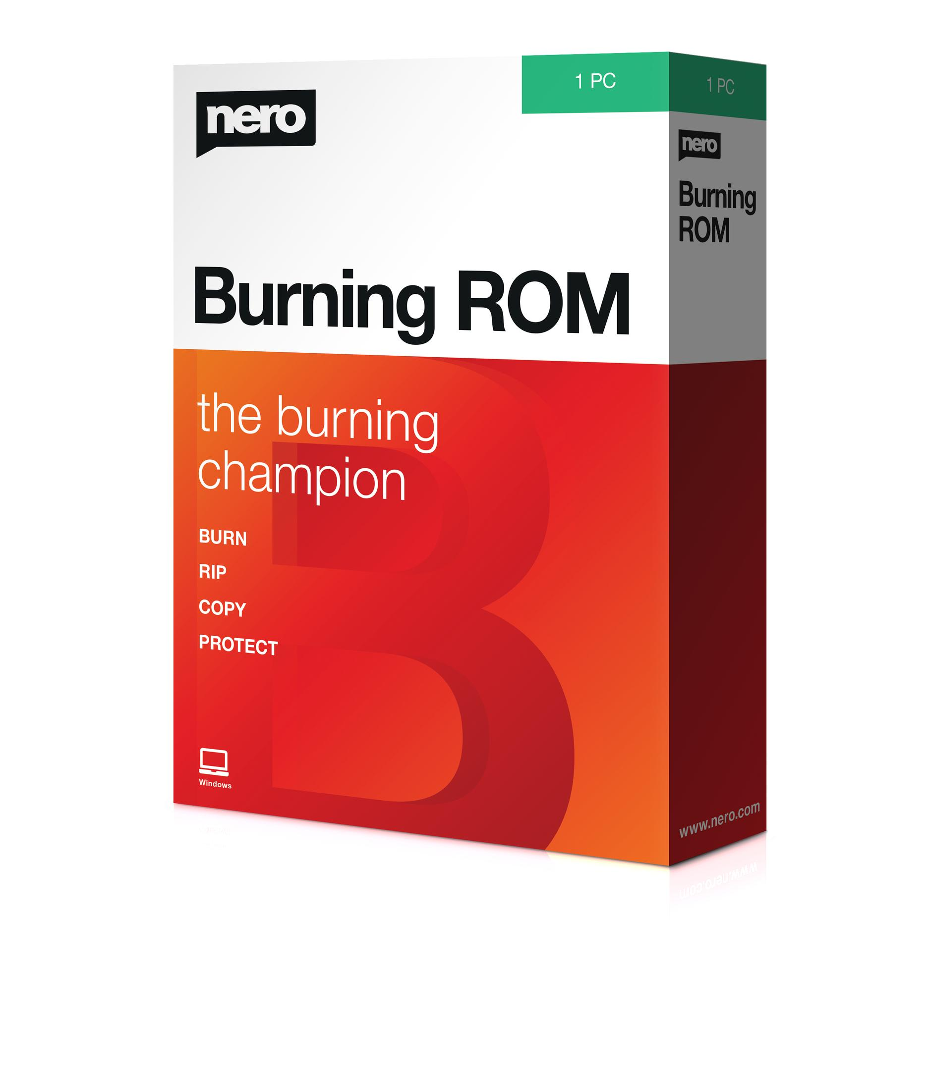 Pudełko oprogramowania Nero Burning ROM, czerwono-białe. Z logo Nero i tekstem, logo Windows.