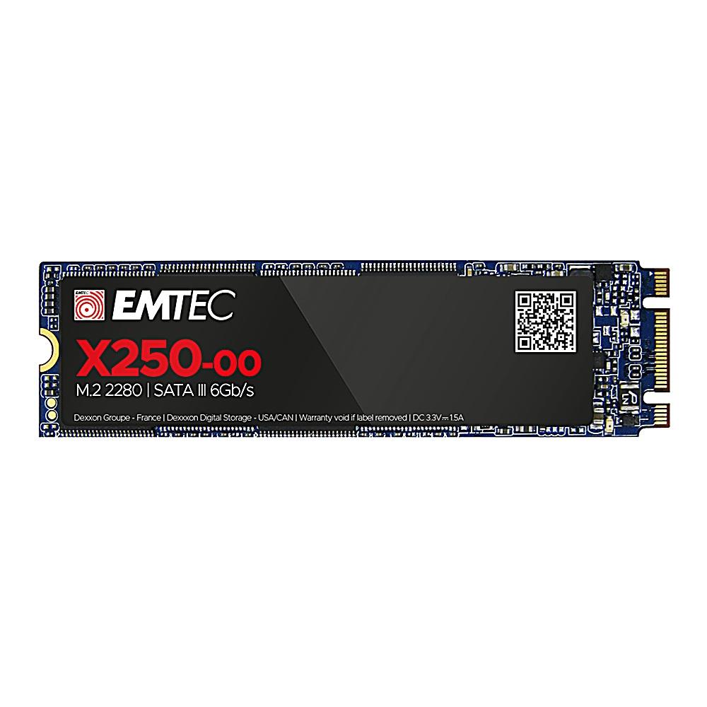 Dysk SSD EMTEC X250-00 na białym tle. Czarna etykieta z czerwonym tekstem. Kod QR i płytka obwodu widoczne.