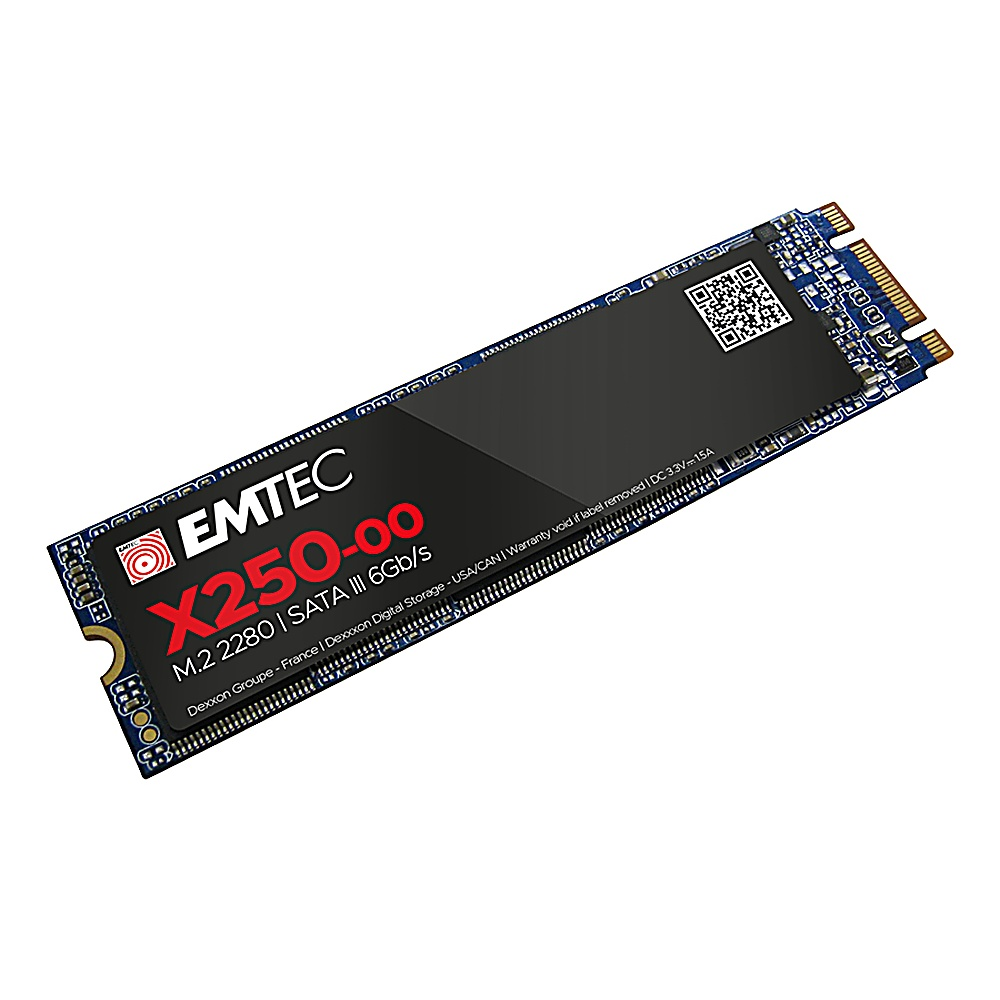 Dysk SSD EMTEC X250-00, czarny z białym tekstem na niebieskiej płytce drukowanej. Izolowany na białym.