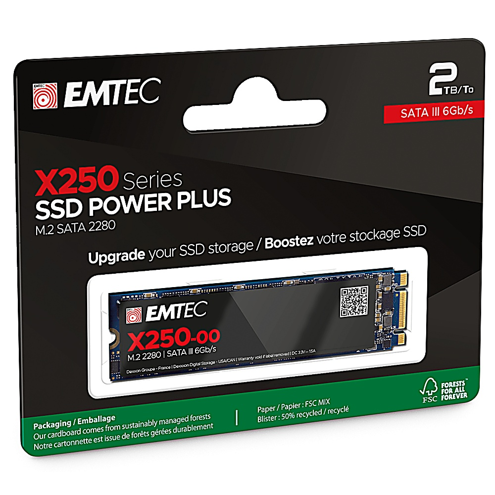 Opakowanie dysku SSD. Czarno-białe pudełko ze zdjęciem SSD. Tekst: uaktualnij swoją pamięć SSD.
