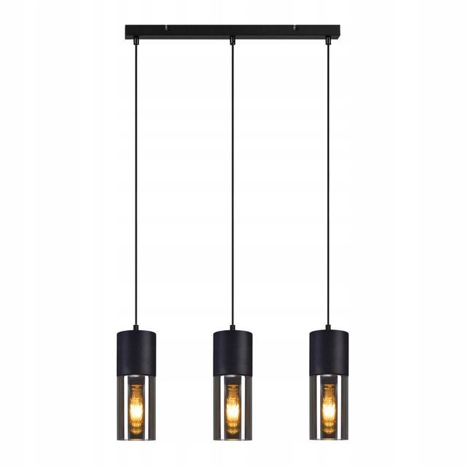 Trzy czarne lampy wiszące z cylindrycznymi kloszami, wiszące z czarnego pręta.
