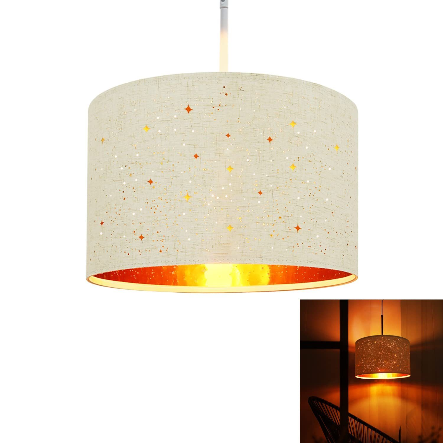Lampa wisząca z kloszem w wzory, wisząca z sufitu.