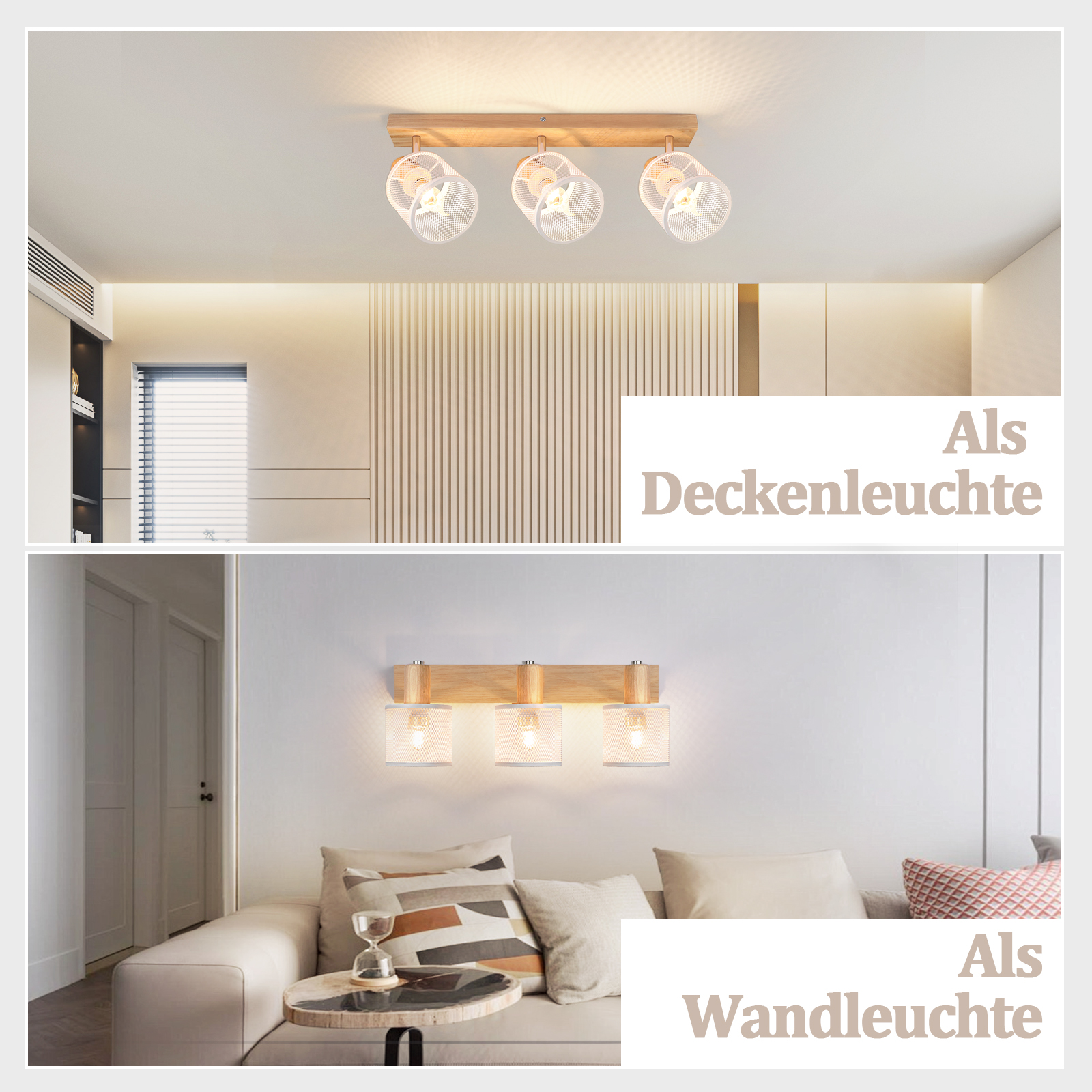 Due immagini di una plafoniera e di una lampada da parete con tre lampade ciascuna, accenti in legno.