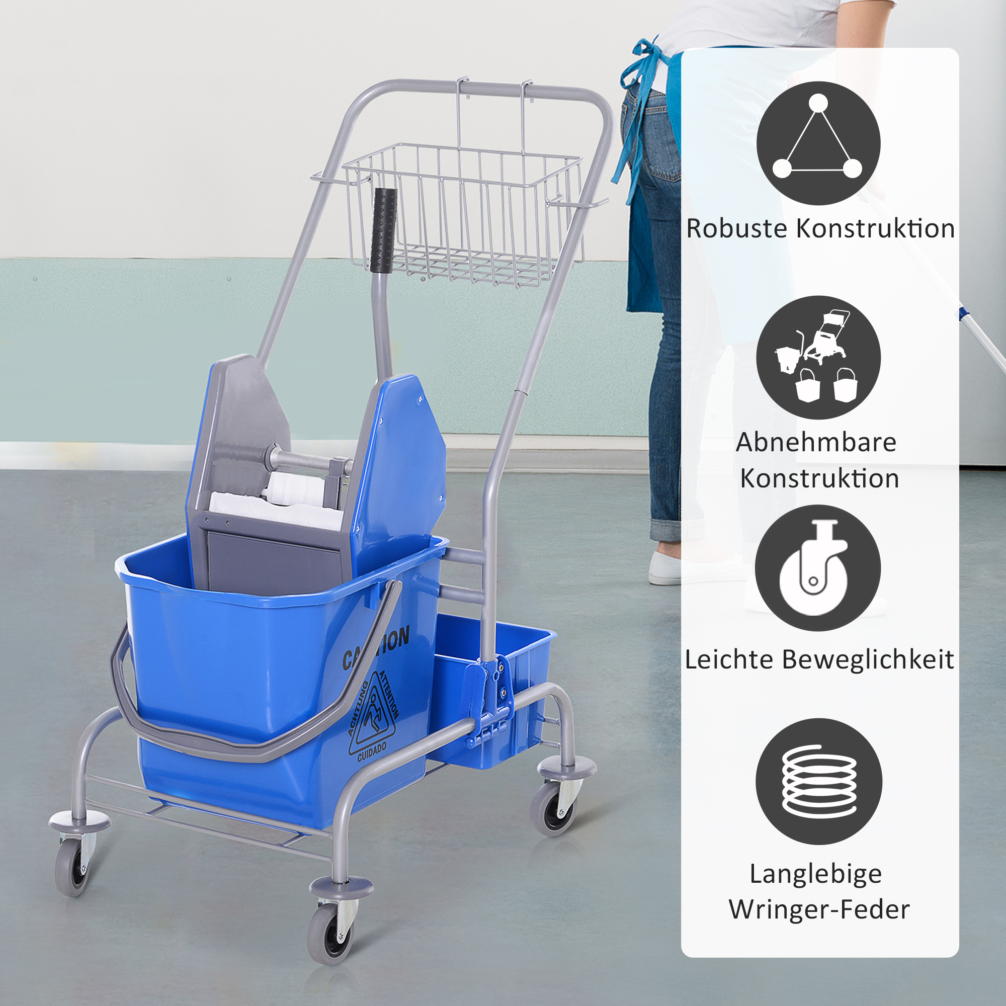 Ein blauer und silberner Wischmoppeimerwagen mit Rädern, Text und Symbolen, die Funktionen anzeigen.