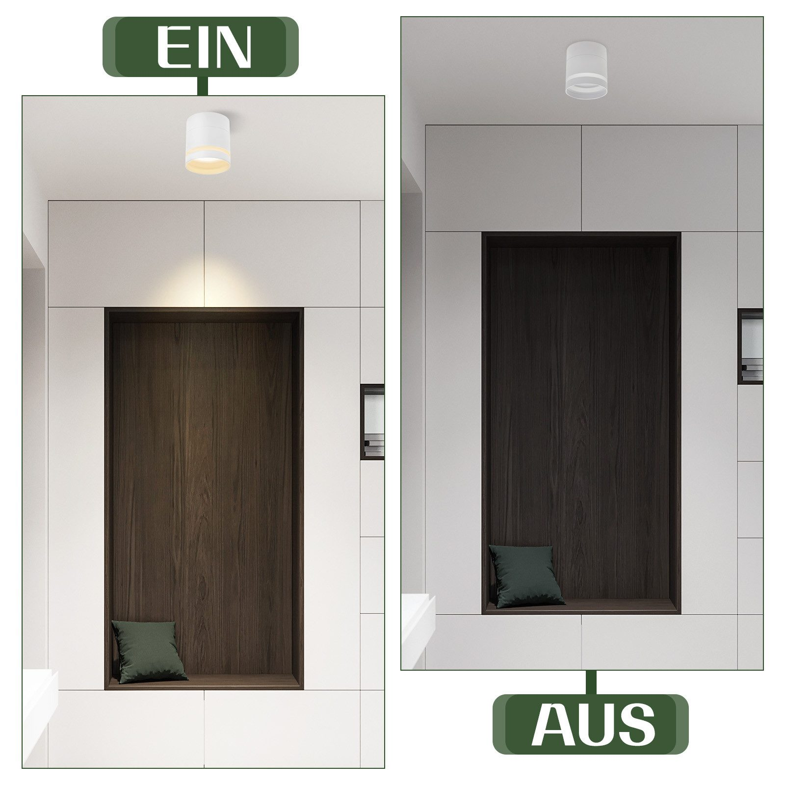 Due immagini, luce accesa e spenta. Plafoniera bianca con una nicchia interna in legno scuro e un cuscino verde.