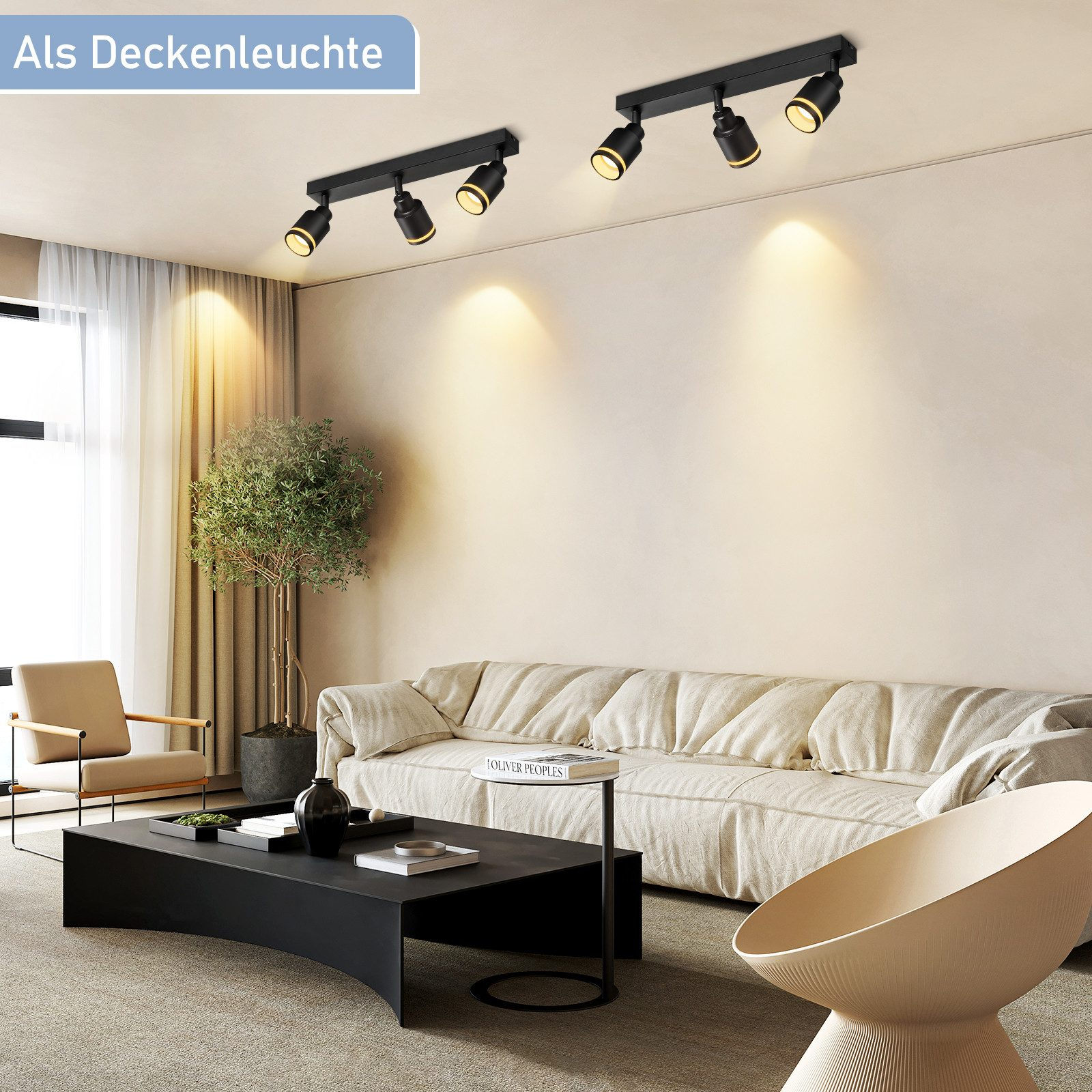 Due faretti da soffitto neri con sfondo beige.