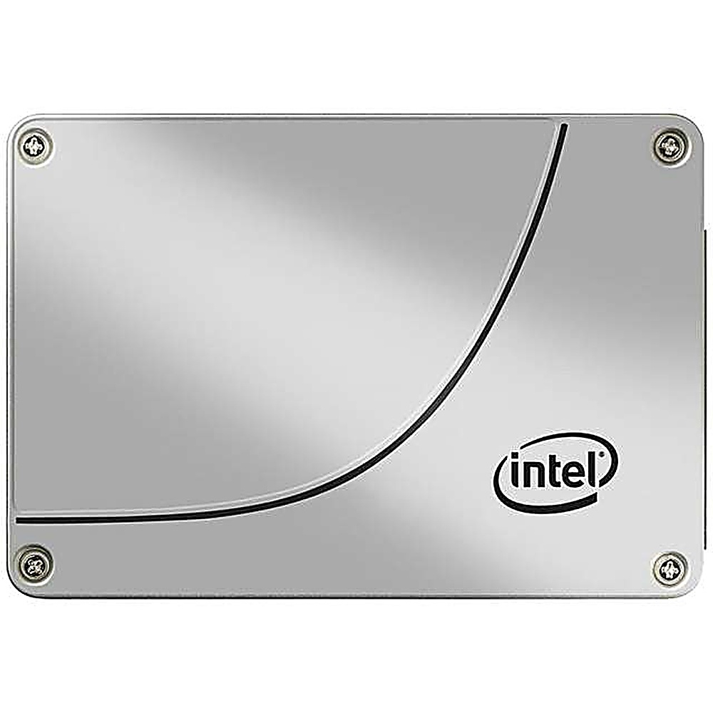SSD Intel argento con linea curva nera e quattro viti agli angoli.