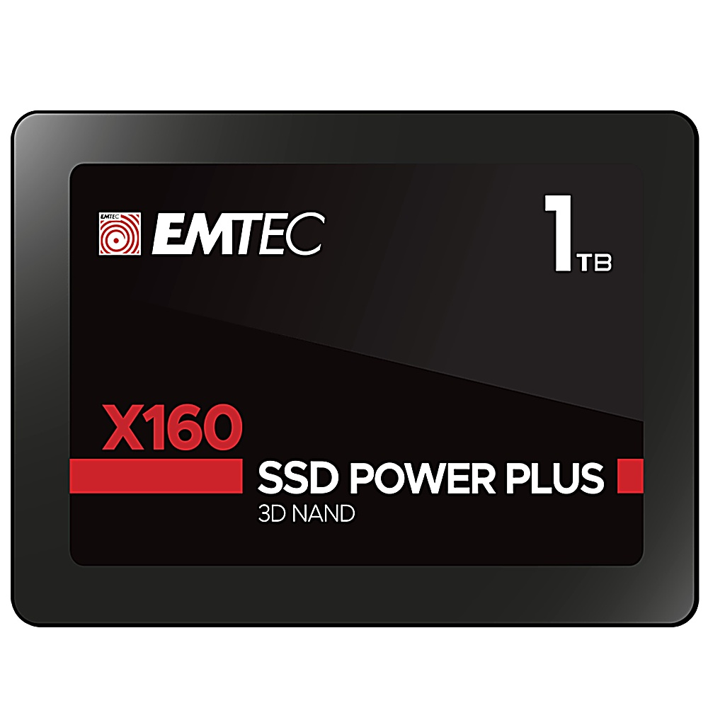 Czarny dysk SSD EMTEC X160 z czerwonym tekstem. Pojemność 1 TB. Izolowany na białym tle.