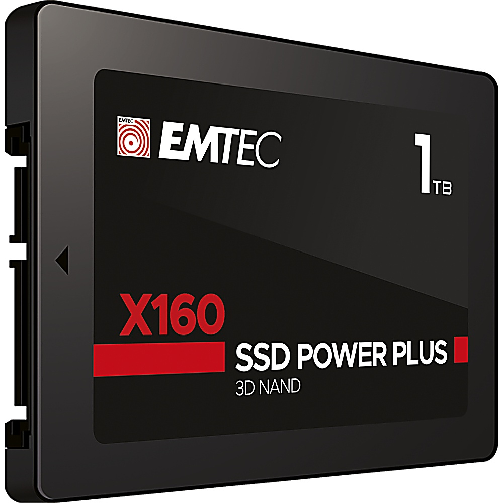 Czarny dysk SSD EMTEC X160 z czerwonym tekstem i białymi etykietami. Pojemność 1 TB. Izolowany na białym.