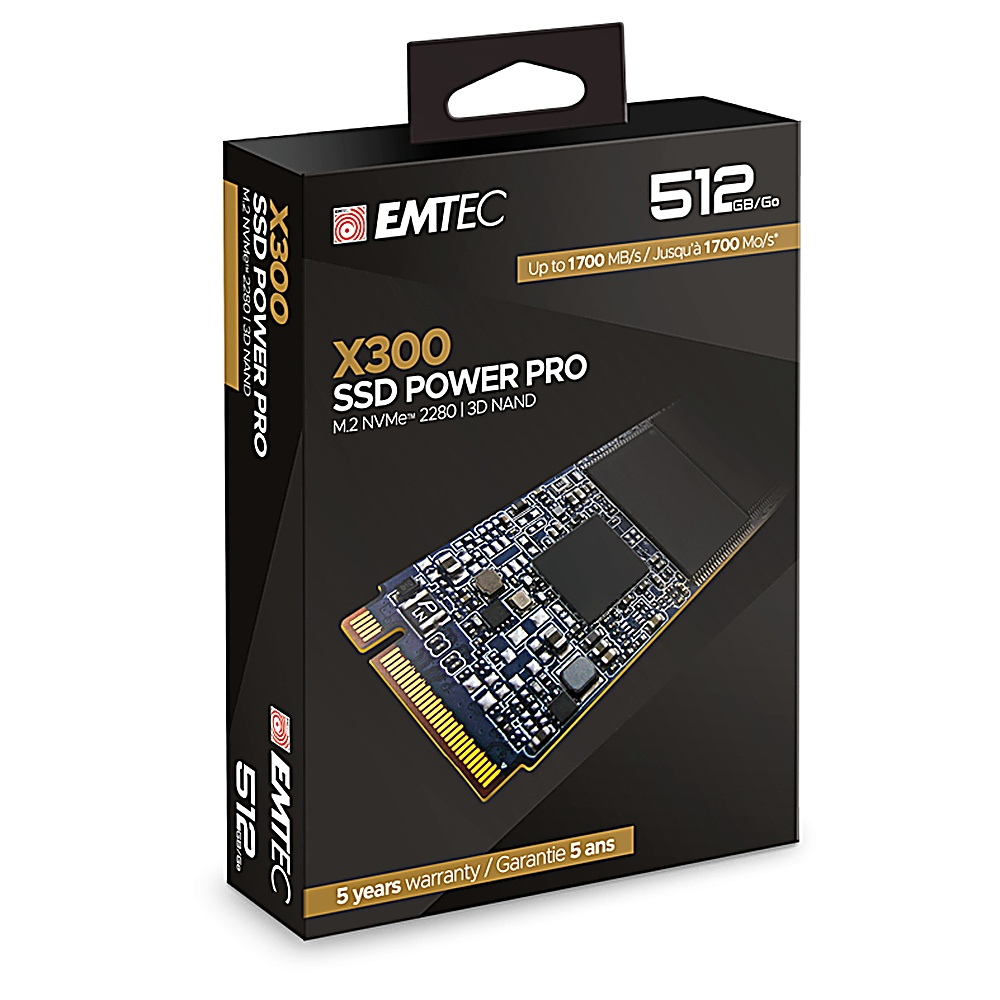 Czarne pudełko SSD EMTEC. Dysk SSD w środku. Biały tekst i etykiety z przodu. Izolowane na białym.
