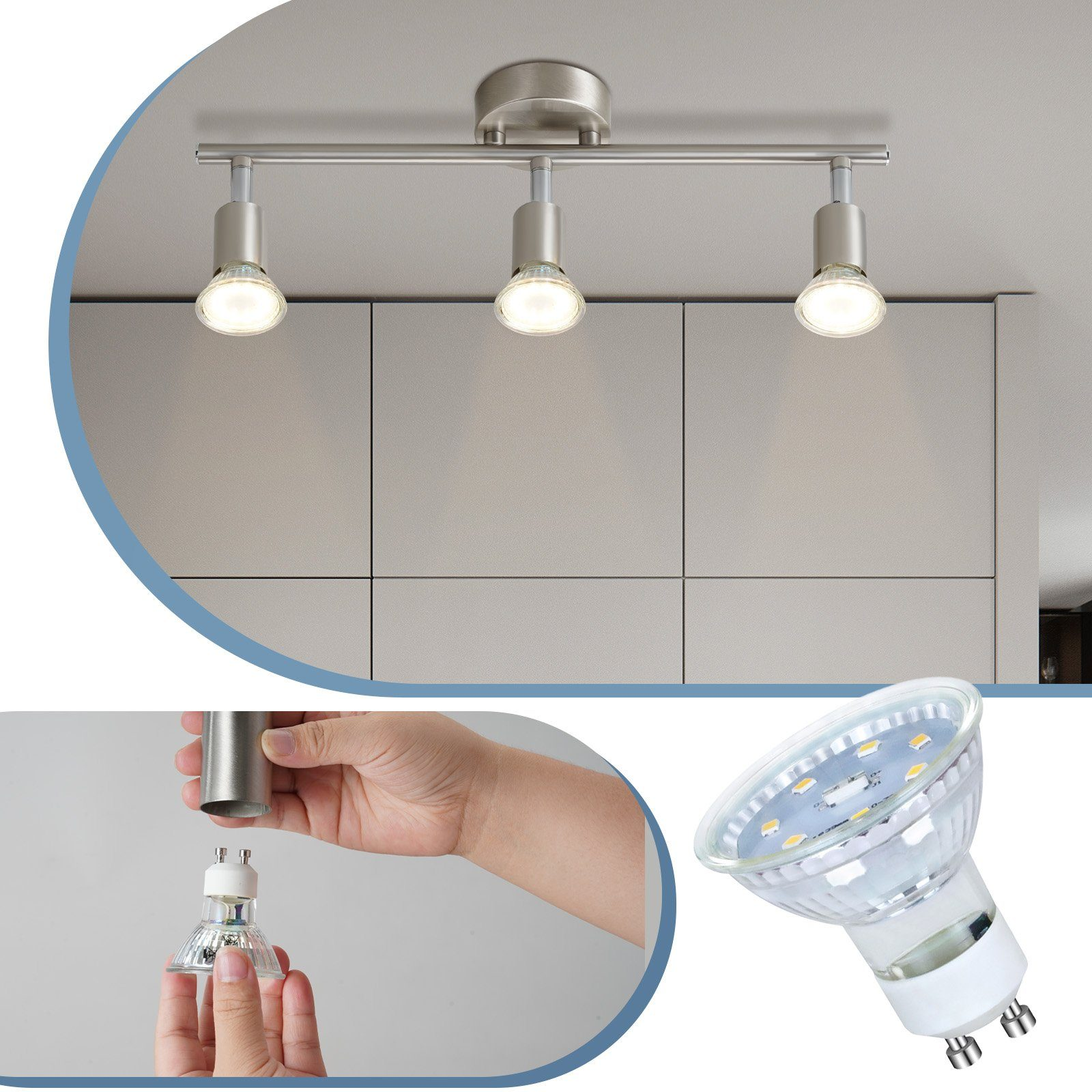 Illuminazione a binario con tre luci e una mano che tiene una lampadina. Sfondo bianco, ambiente cucina.