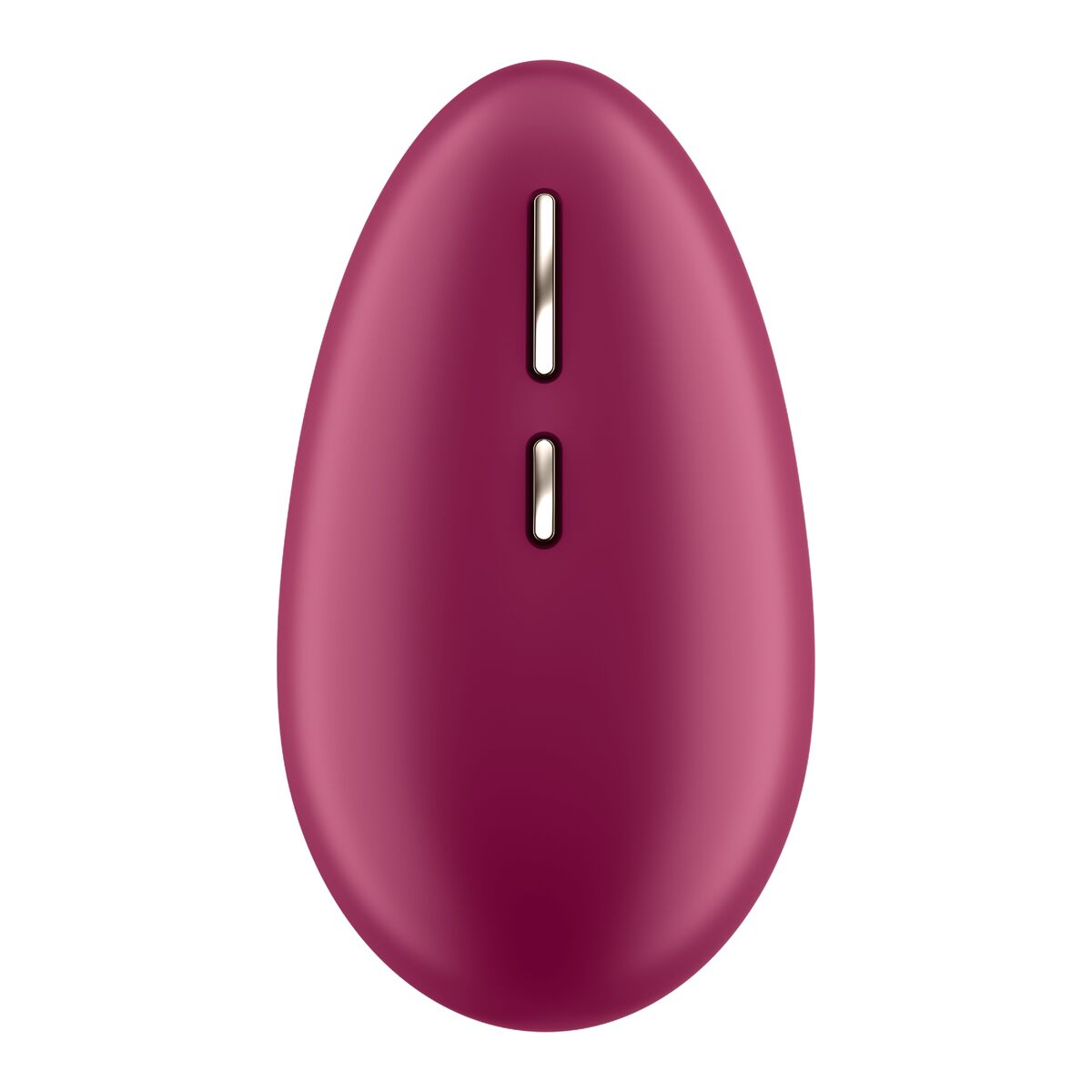 Juguete sexual burdeos con dos botones y diseño ovalado liso sobre fondo blanco.