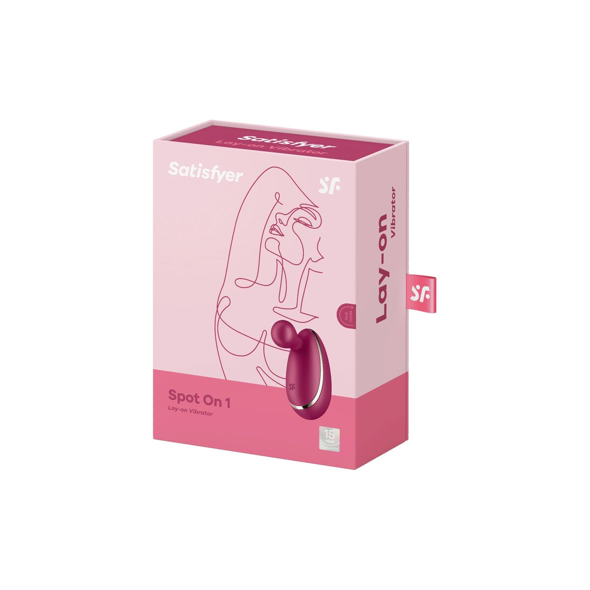 Caja con diseño de vibrador Satisfyer Lay-on y nombre del producto, sobre fondo blanco.