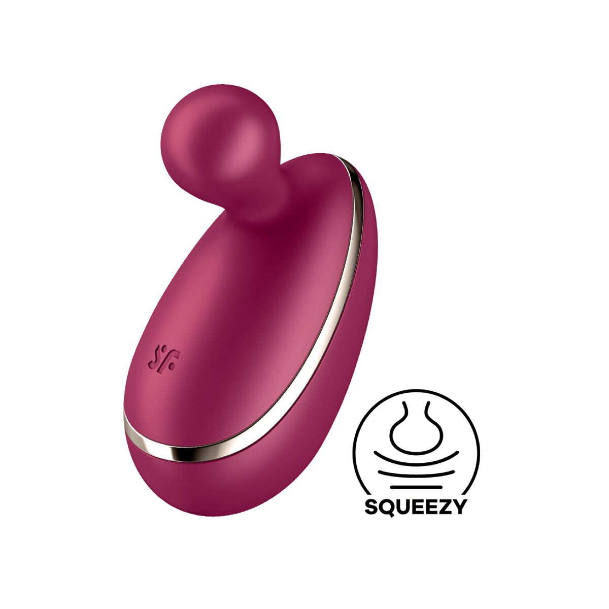 Juguete sexual burdeos con diseño curvado y símbolo, sobre fondo blanco.