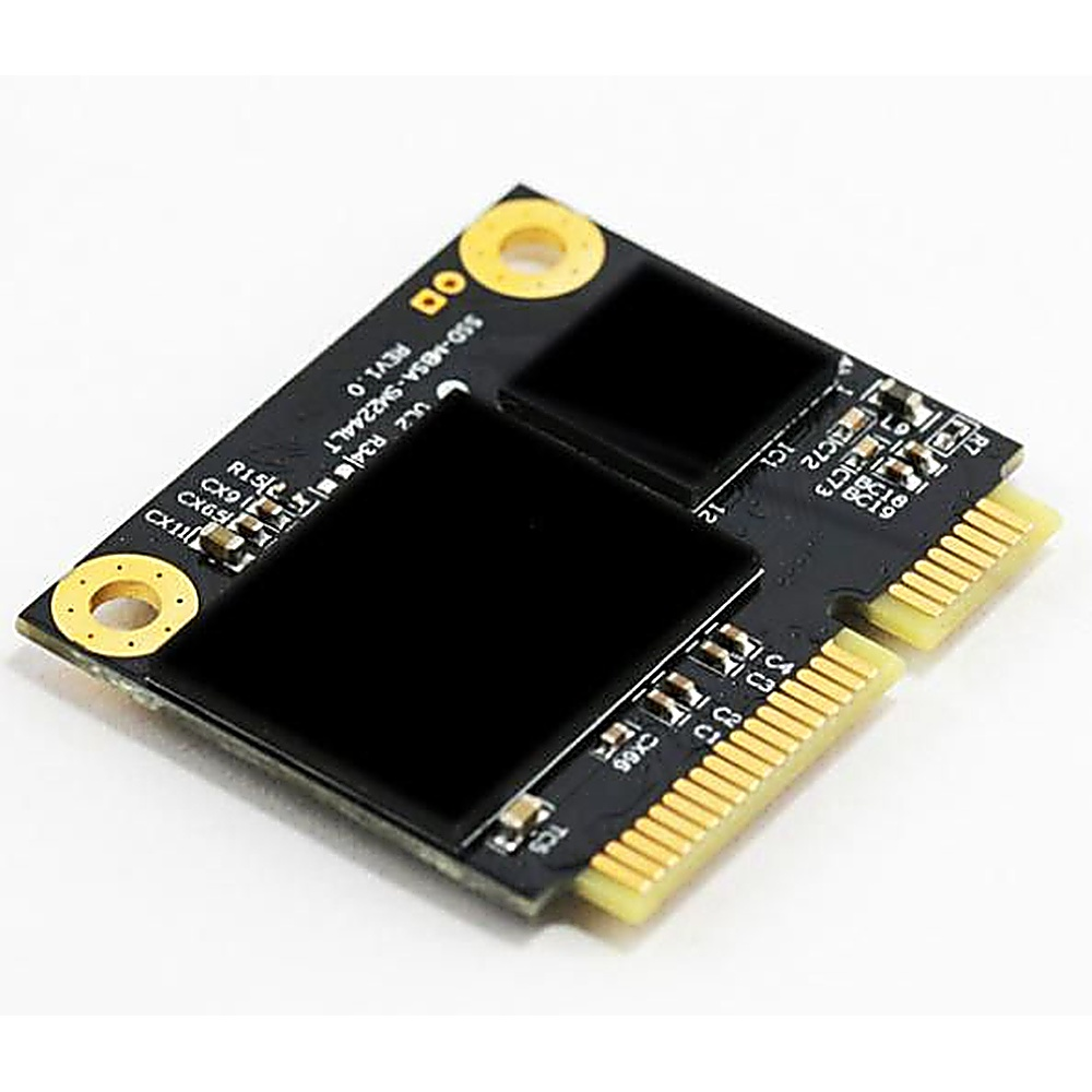 Scheda SSD quadrata nera con connettori dorati e chip neri.