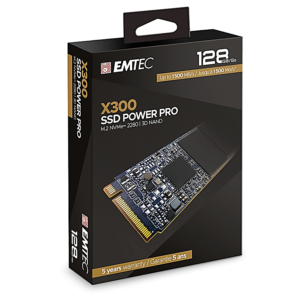Czarne pudełko SSD EMTEC ze szczegółami produktu. Pudełko ma uchwyt i zdjęcie dysku SSD w środku.