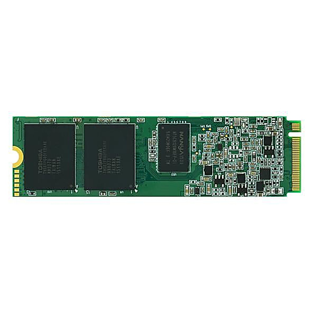 Un SSD verde con due componenti neri e testo. È su uno sfondo bianco.