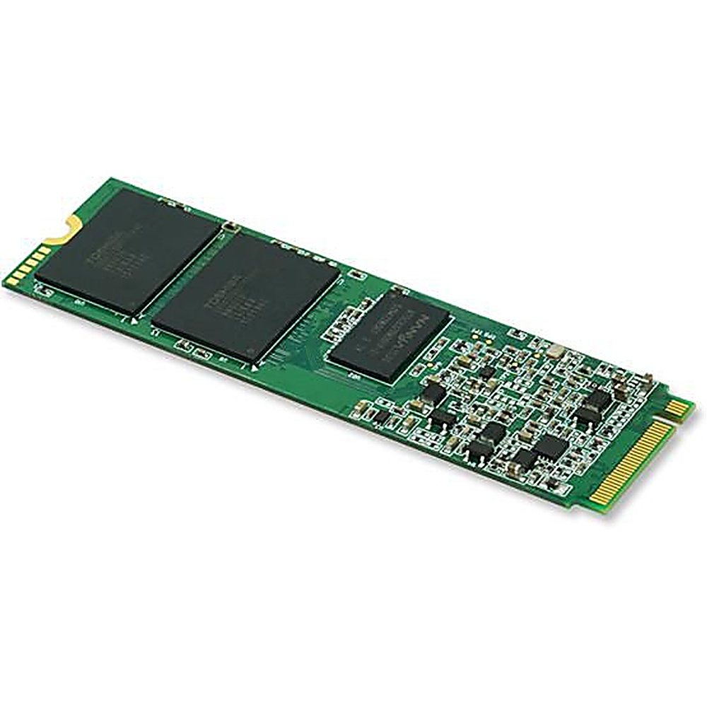 Un circuito stampato verde con chip. Sono visibili tre grandi chip neri. Sfondo bianco.