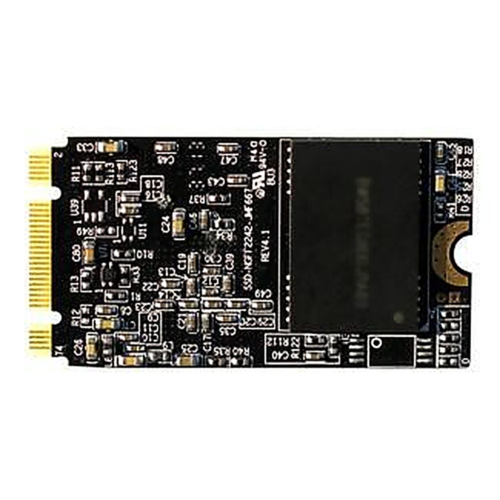 Un circuito stampato con molti piccoli componenti. Connettore dorato. Sfondo bianco.