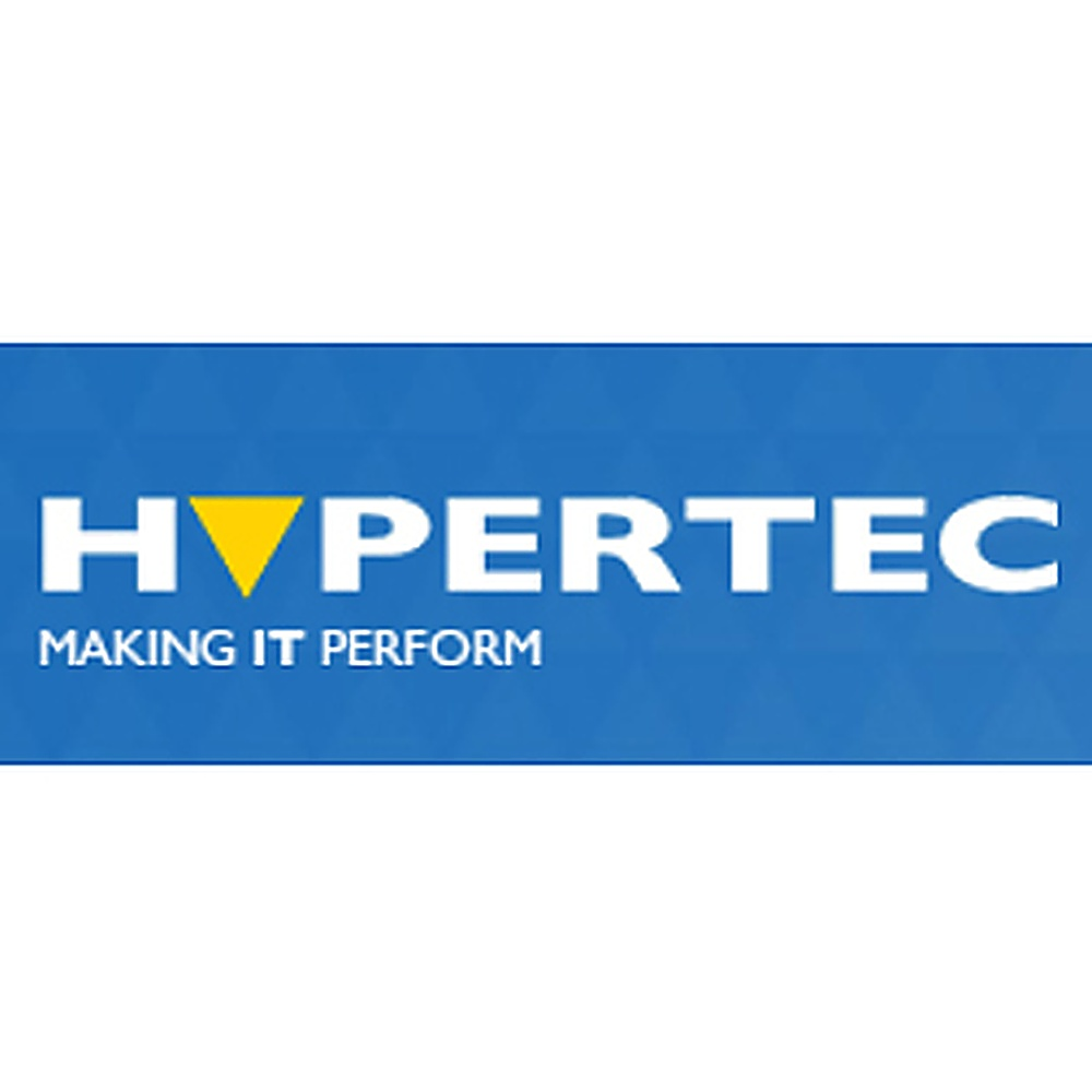 Logo Hypertec in bianco, con un triangolo giallo. Testo su sfondo blu. Il testo recita: MAKING IT PERFORM.