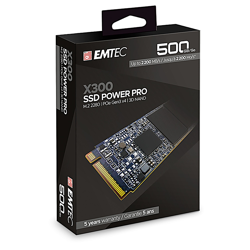 Una caja Emtec X300 SSD Power Pro, negra con imagen y texto del producto, incluye una pestaña para colgar.