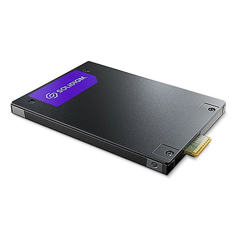 SSD nero con logo viola e connettore. Viti argentate visibili.