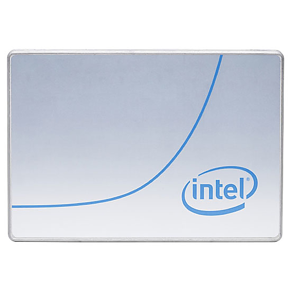 SSD Intel, cassa in metallo argentato con design a linea blu e logo Intel.
