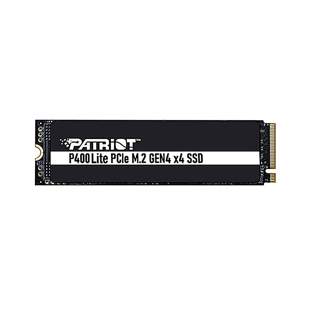 Dysk SSD z czarną obudową. Biała etykieta z tekstem Patriot. Złote złącza po prawej.