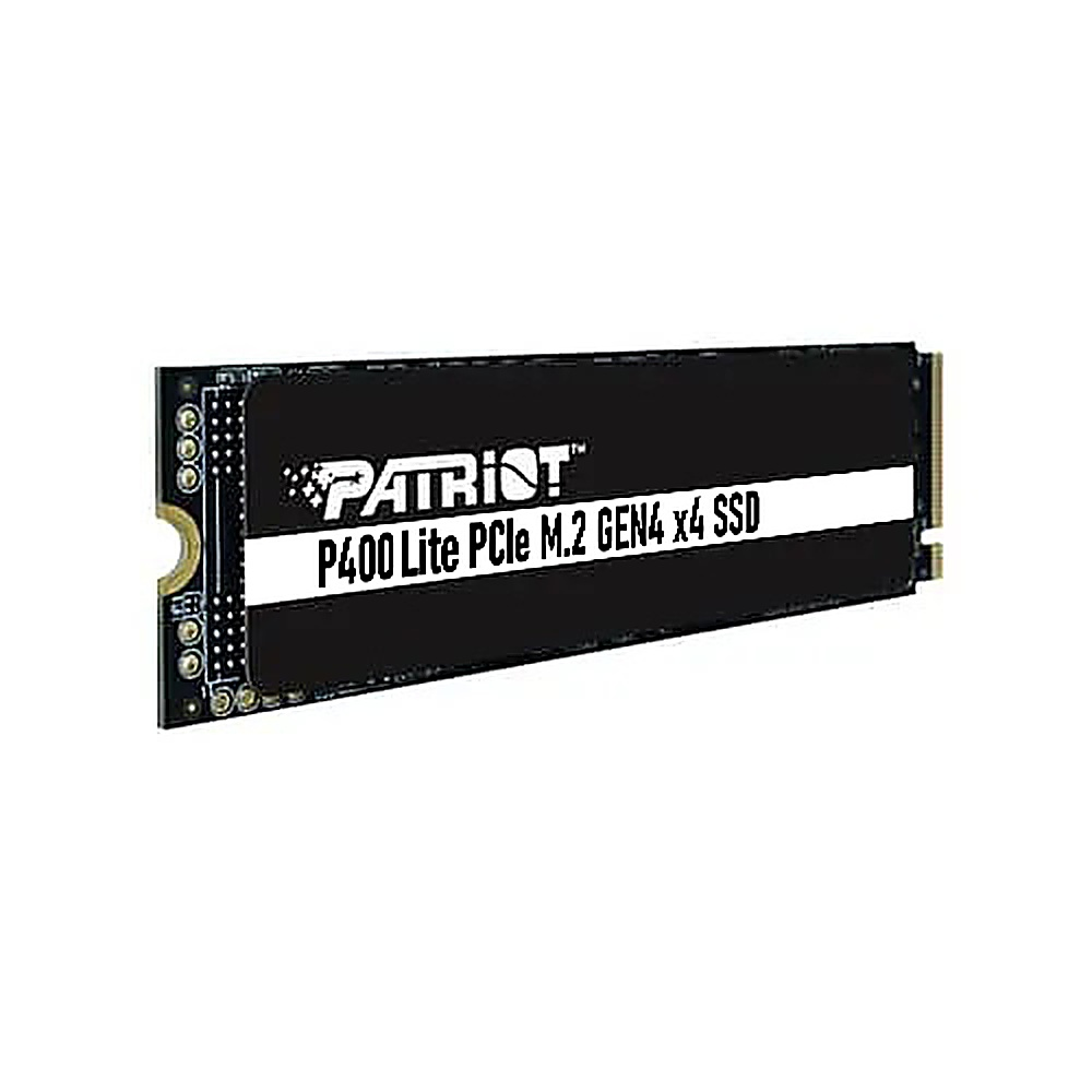 Dysk SSD z czarną obudową. Biała etykieta z tekstem Patriot. Złote złącza po prawej.