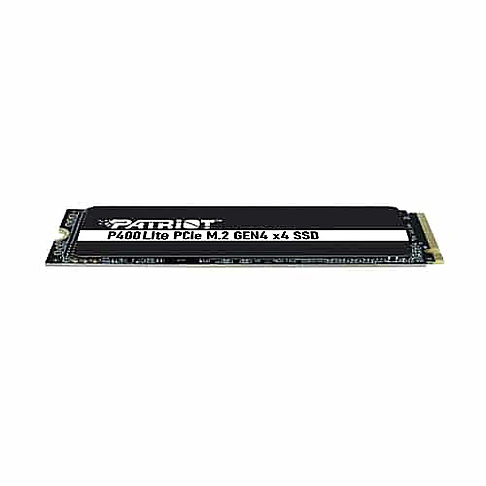 Czarny dysk SSD z białym tekstem: Patriot P400 Lite PCIe M.2 GEN4 x4 SSD. Ma czarną powierzchnię.