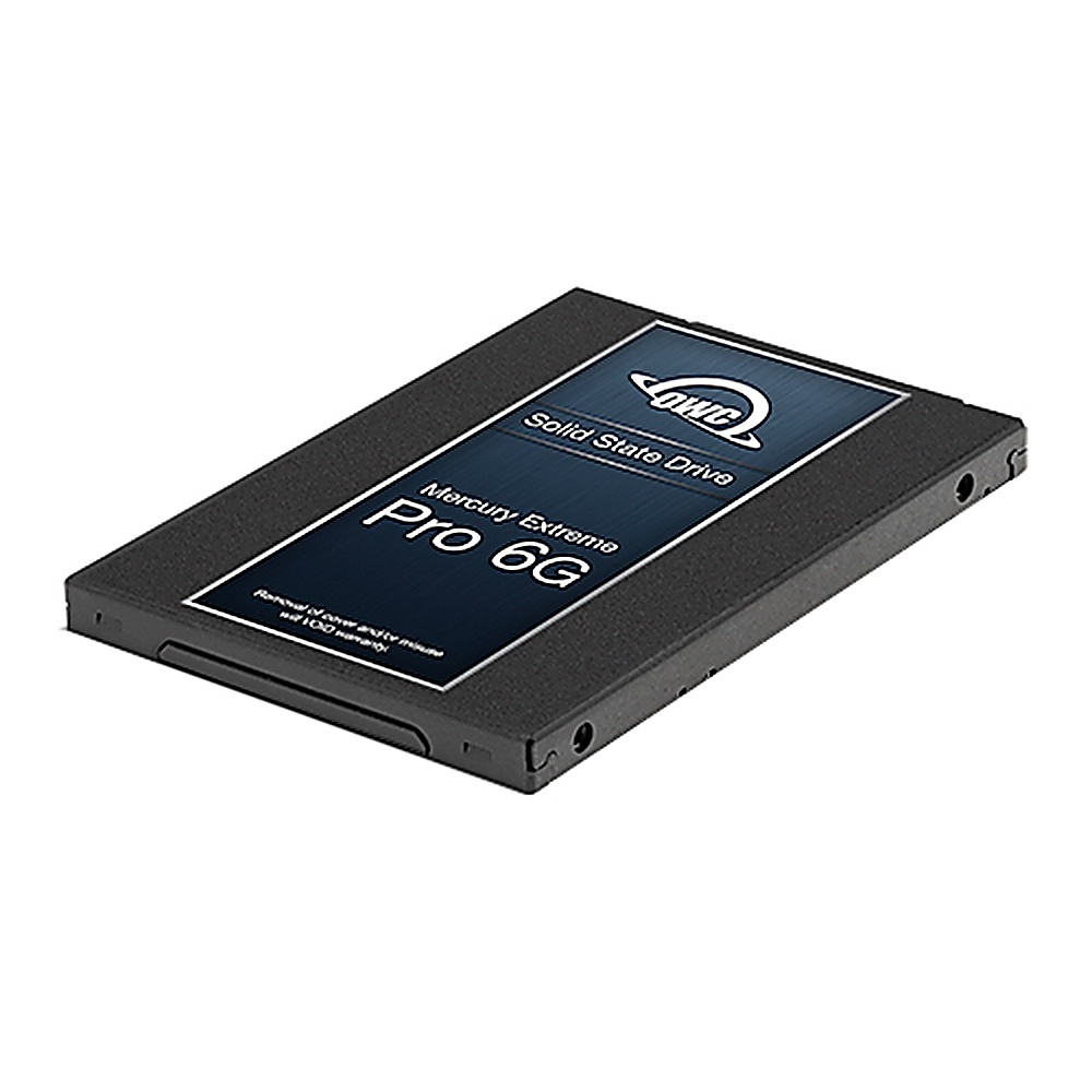 Czarny dysk SSD z logo OWC. Tekst: 'Mercury Extreme Pro 6G' i 'Solid State Drive'.