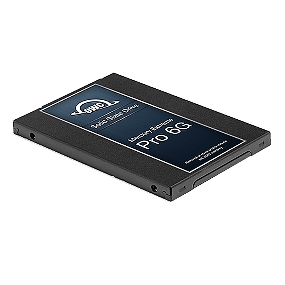 Czarny dysk SSD OWC Mercury Extreme Pro 6G z etykietą na białym tle.