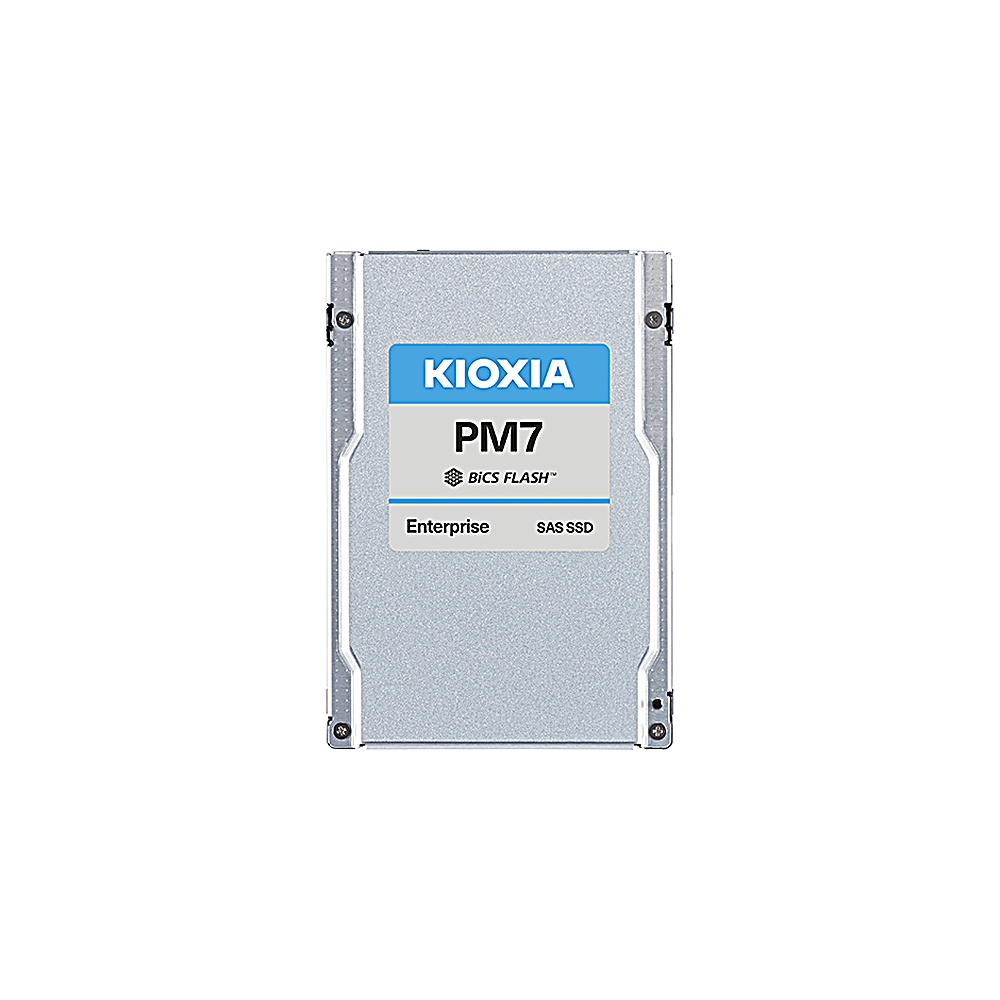 Un SSD argentato con etichetta blu KIOXIA e testo, con viti agli angoli.