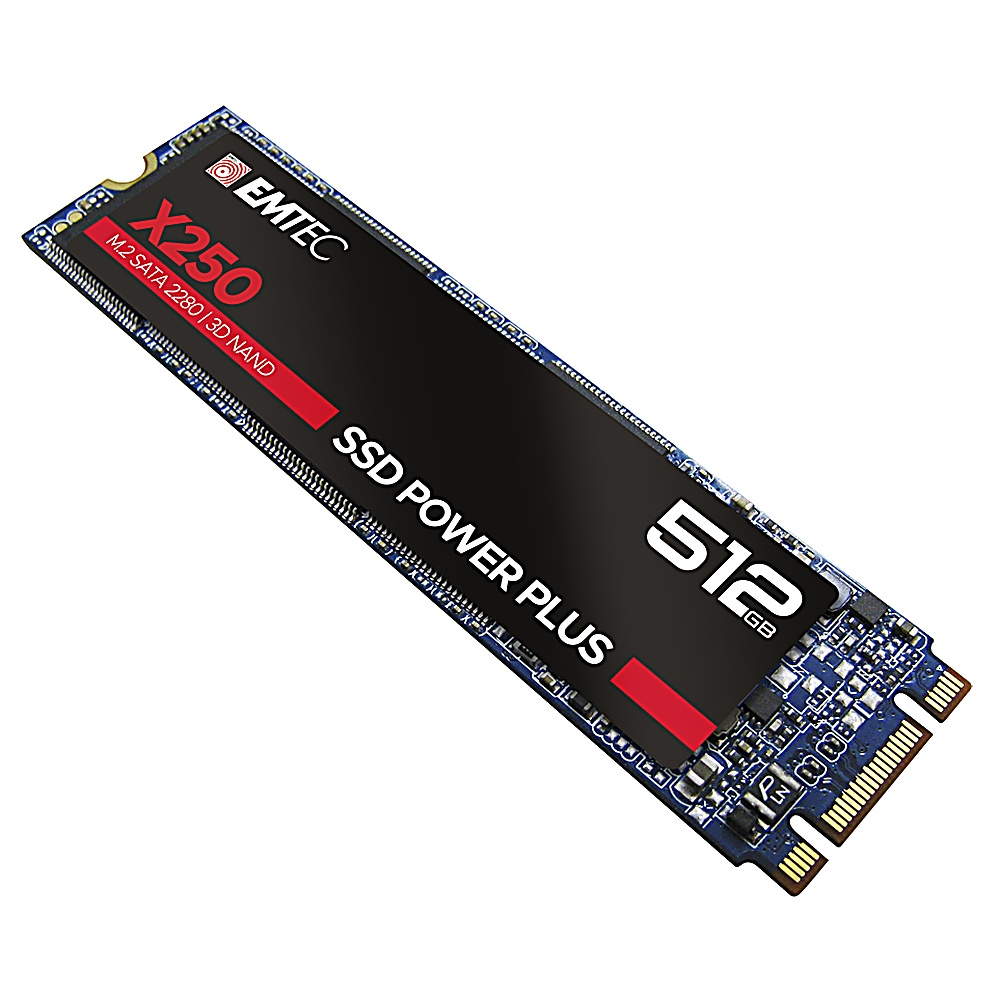 Schwarze SSD mit rotem und weißem Text und silbernen Komponenten auf blauem Board.