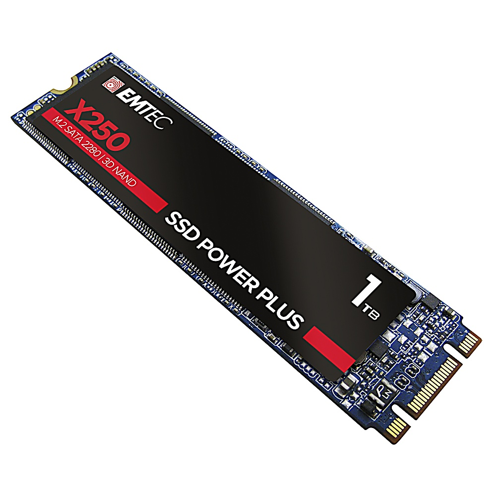 Un SSD noir et rouge avec 'EMTEC' et 'X250'. Il est écrit 'SSD POWER PLUS' et '1TB'. Fond blanc.