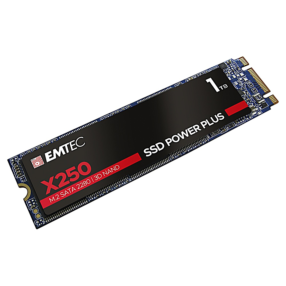 Un SSD noir et rouge avec 'EMTEC'. Il a 'X250', 'SSD POWER PLUS' et '1TB'. Fond blanc.