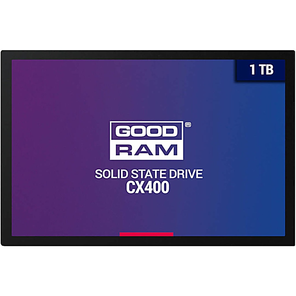 SSD nero con logo e testo GoodRam su gradiente da viola a blu.