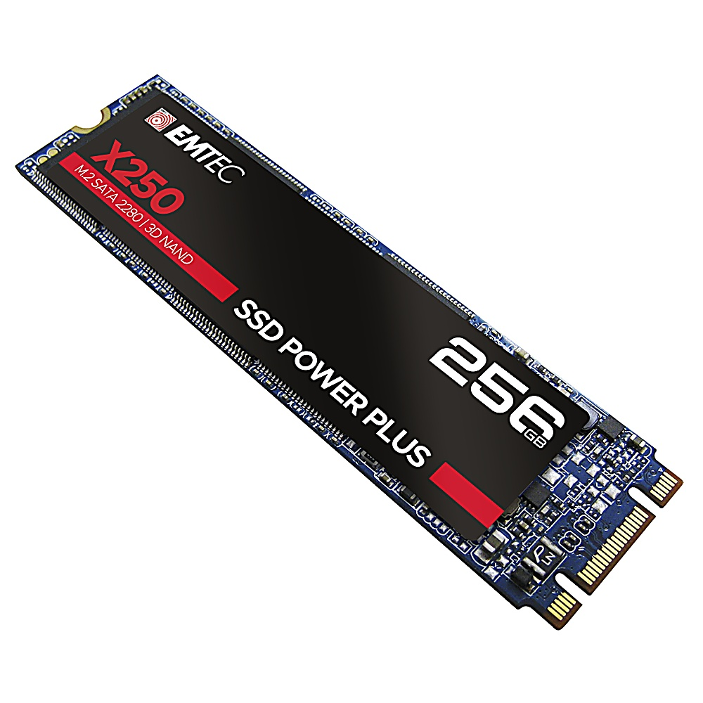 EMTEC X250 SSD, schwarz mit rotem und weißem Etikett mit 256GB, auf blauer Platine.
