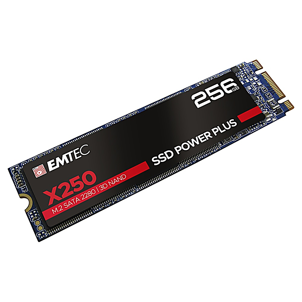 Eine schwarze SSD mit rotem und weißem Text. Die Marke ist EMTEC. Es steht 256GB und SSD Power Plus.
