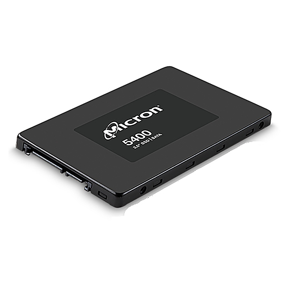 Un SSD nero con un logo Micron bianco. Il testo è in bianco. Dice 5400 2,5" SSD SATA.