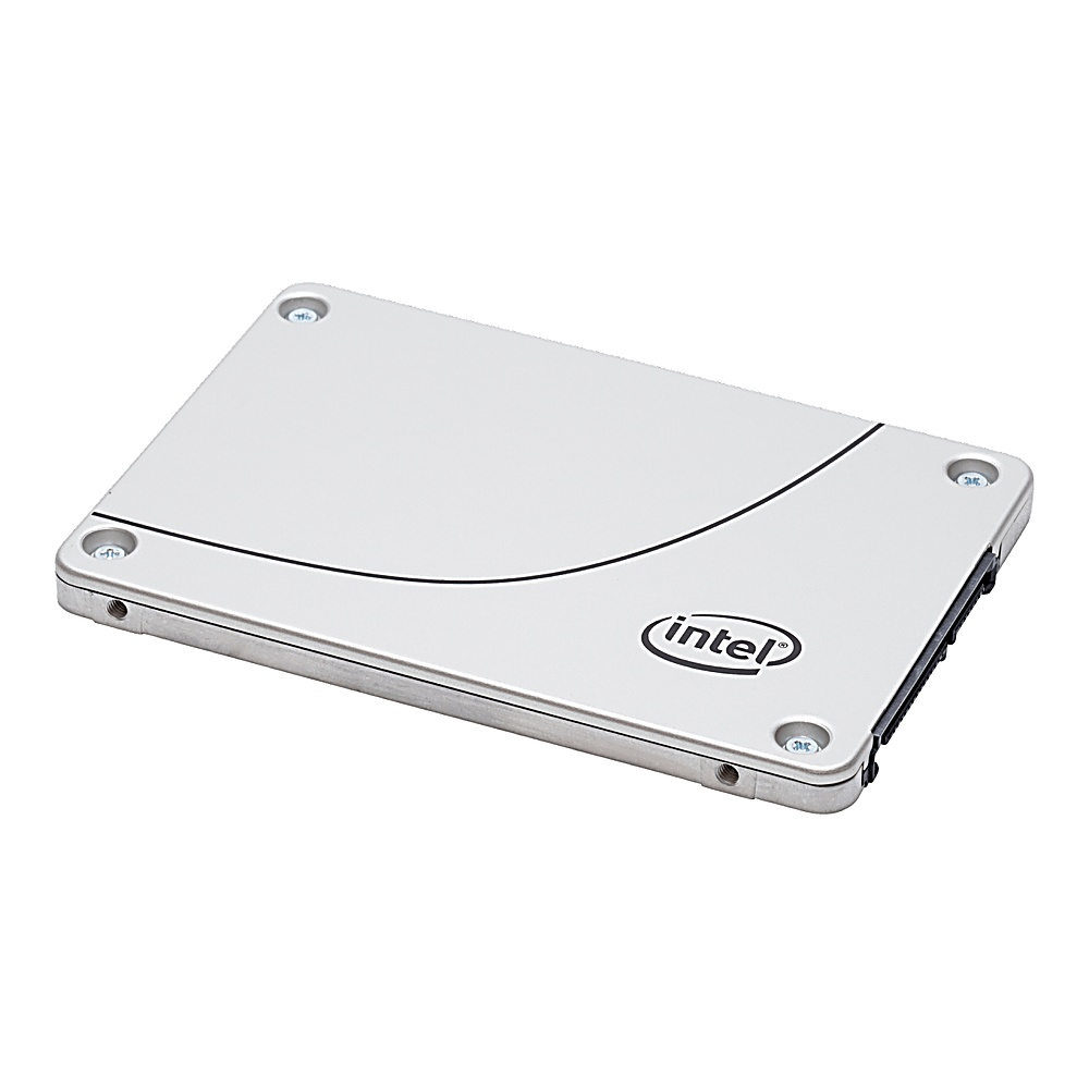 SSD argento con logo Intel, con una linea curva nera.