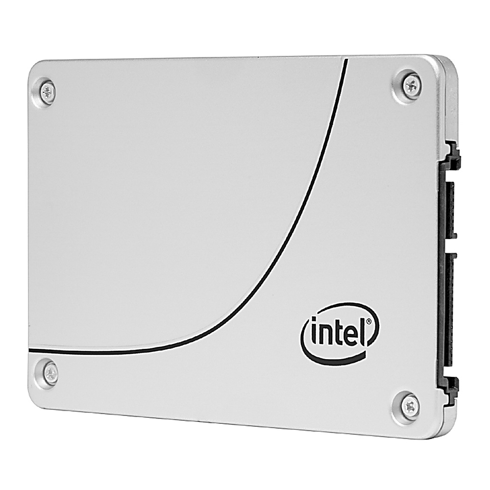 SSD argento con logo Intel. Design a linea curva nera. Quattro viti sugli angoli. Sfondo bianco.