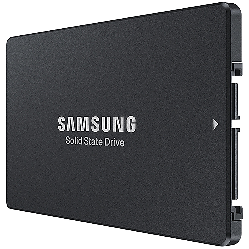 Unità a stato solido Samsung nera. Logo Samsung bianco. Freccia bianca. Sfondo bianco.