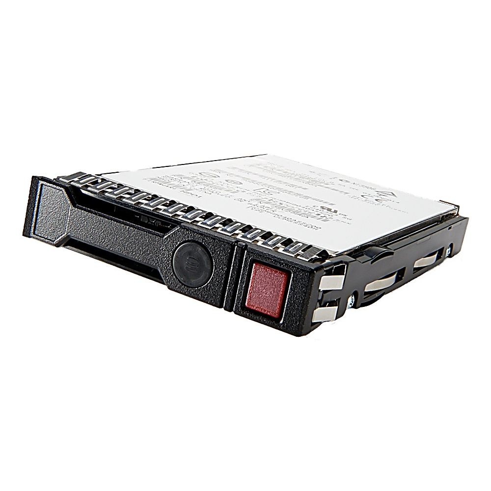 Disco rigido server nero con pulsante rosso. Vista angolata. Sfondo bianco.