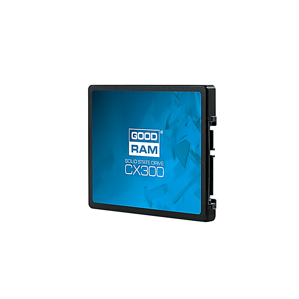 Unità a stato solido con etichetta blu. L'etichetta dice GOOD RAM SOLID STATE DRIVE CX300.