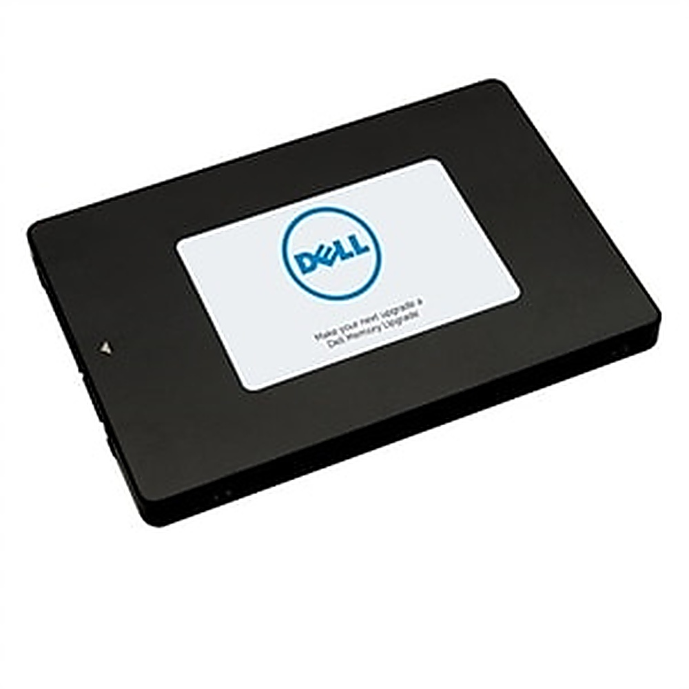 SSD Dell nero, etichetta bianca con logo Dell blu. Testo: Rendi il tuo prossimo aggiornamento un Dell Memory Upgrade.