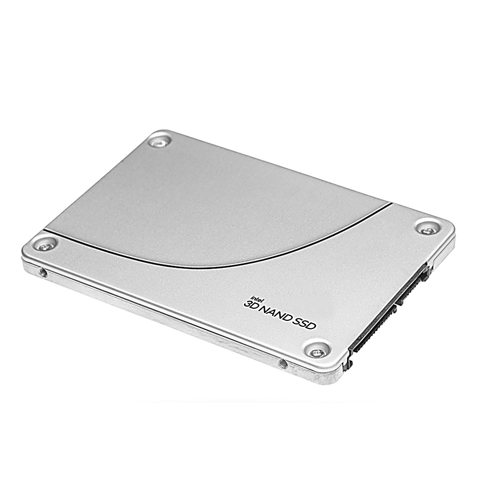Unità SSD argentata. Cornice argentata, connettore nero e logo Intel.