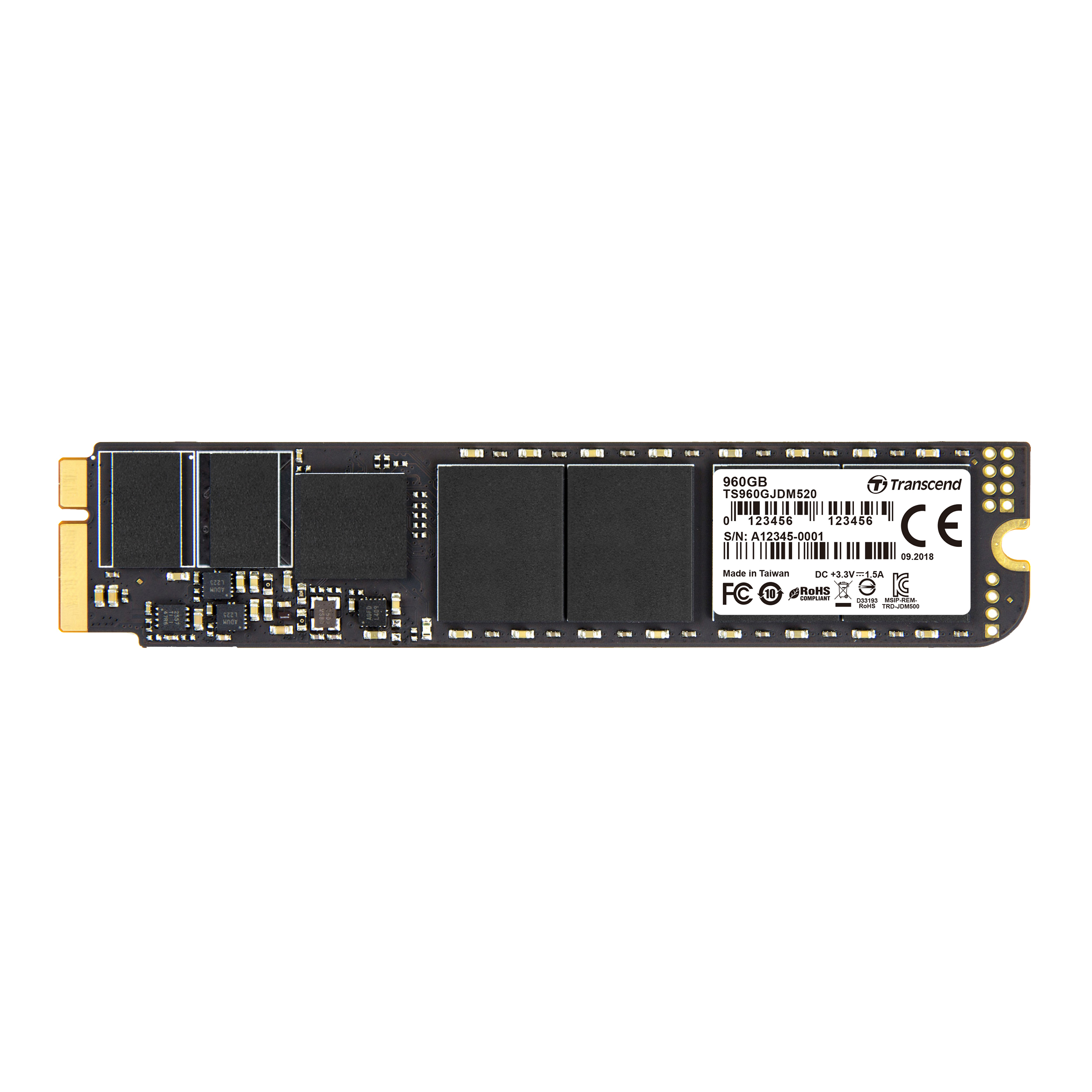 Üzerinde Transcend yazan siyah SSD sürücüsü.